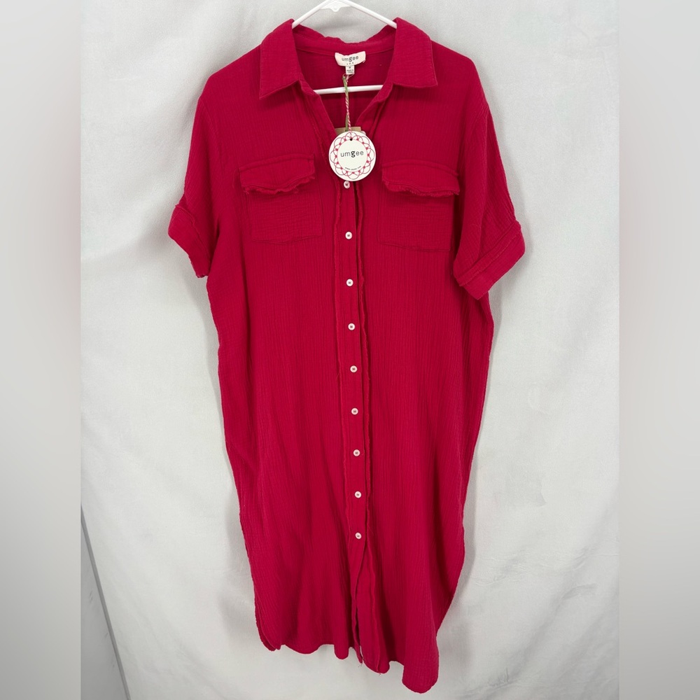 Umgee Fuchsia Cotton Gauze Button Front Shirt Dress Short Sleeve Size Medium